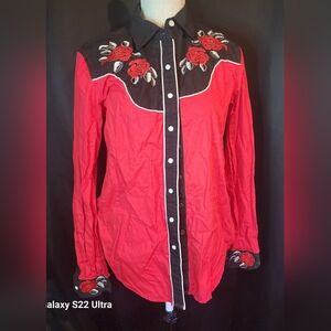 Cruel Denim Red and Black Small Embroidered Roses Dress Shirt